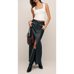 NEW Reformation Veda Black Lambskin Leather Front Slit Maxi Skirt Size 2